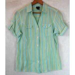 Basic Editions Womens Top M Button Up Granny Cottage Core Cotton Striped Top